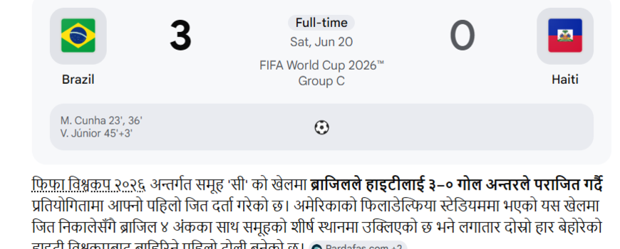 विश्वकप २०२६ : हाइटीमाथि ब्राजिलको फराकिलो जित, नकआउट चरण नजिक